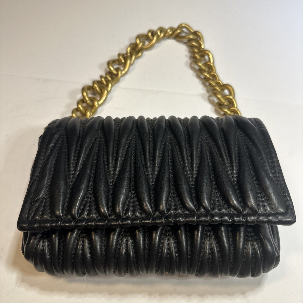 Montana West Black Leather Quilted Shoulder Bag 2 Straps Gold Tone Chain Strap